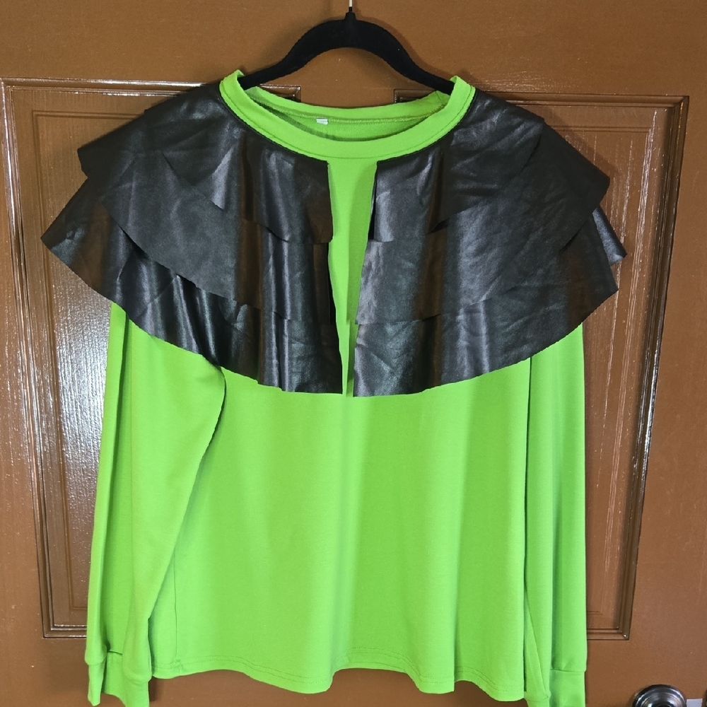 Lime green long sleeved T shirt with layered faux leather attached Sz L